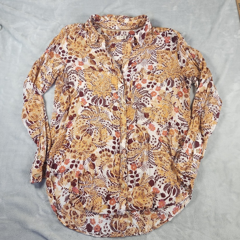 Pilcro Anthropologie Top Womens M Romy Button Down Floral Tunic Blouse Boho